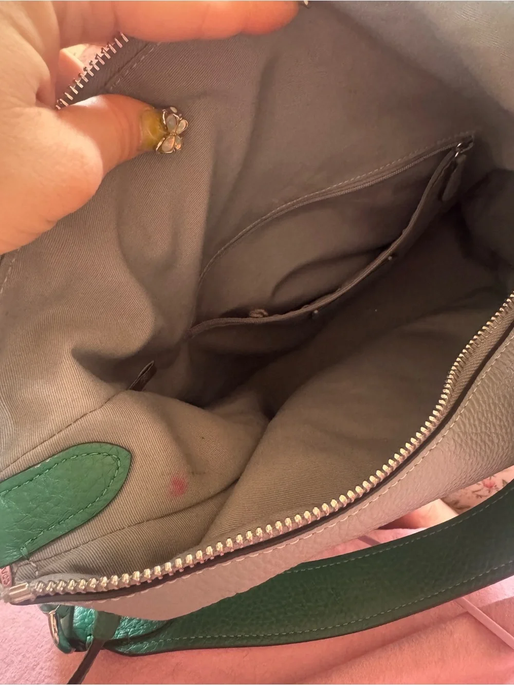Coach Pebbled Leather Pennie Shoulder Bag in Gray with Green Straps